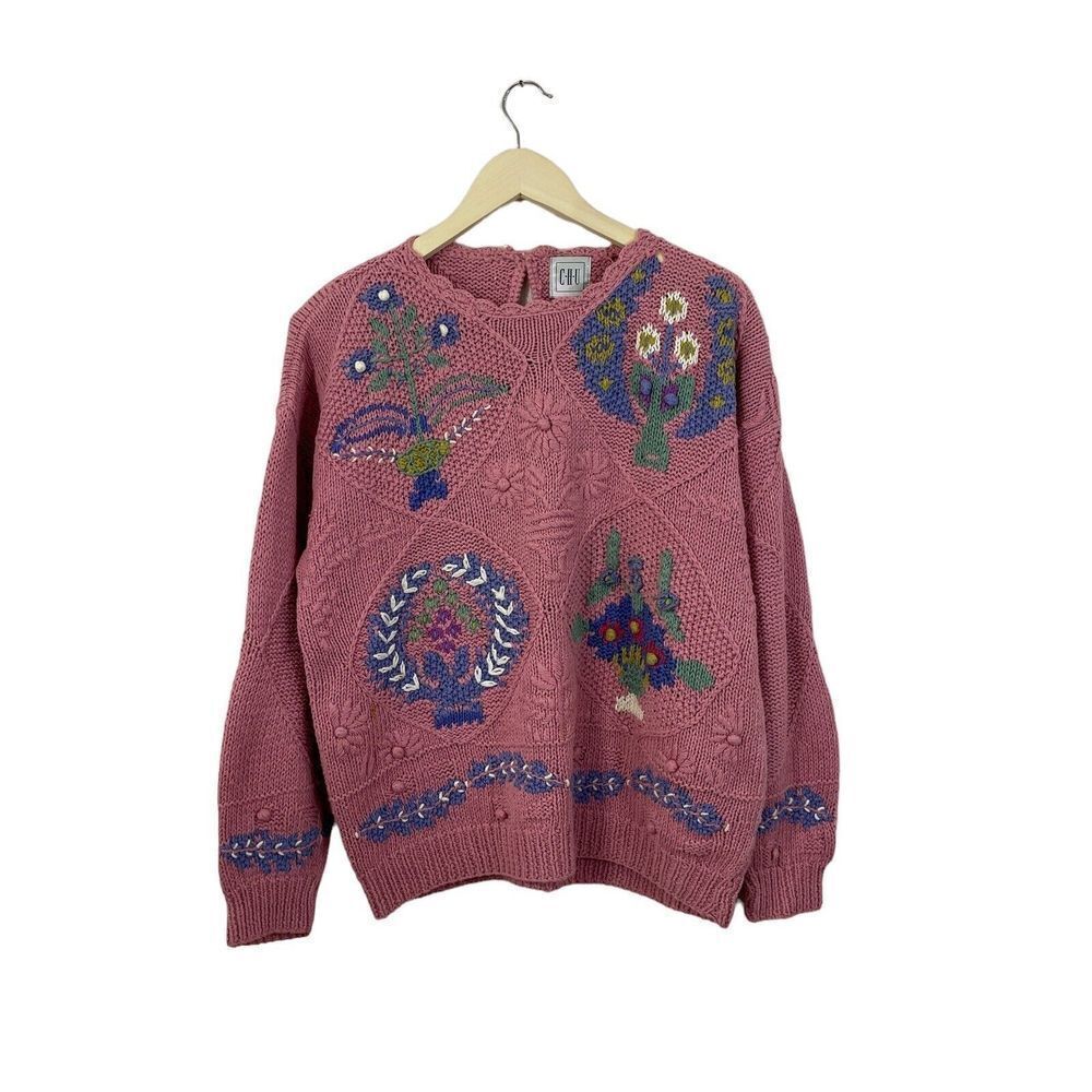 Vintage CHU Large Sweater Pink Floral Cottagecore Cotton Blend Womens